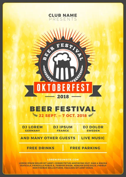 Oktoberfest bira Festivali kutlama. Tipografi şablon bira partisi için poster veya el ilanı. Vintage bira Etiket ışık efektleri ile altın bira arka plan üzerinde