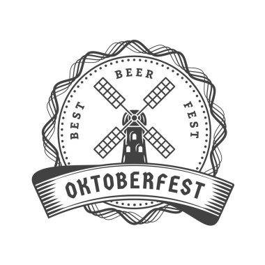 Oktoberfest kutlamaları. Bira Festivali retro tarzı rozet, etiket, amblem. Beyaz arka plan üzerine siyah. Vektör çizim. Bira şirketi şablonu