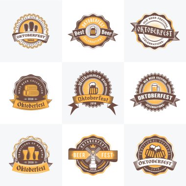 Bira Festivali Octoberfest kutlamaları. Retro vintage bira rozetleri, Etiketler, amblemler kümesi. Vektör tasarım öğeleri