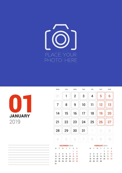2019年1月的挂历规划模板 星期从星期一开始 矢量插图 — 图库矢量图片