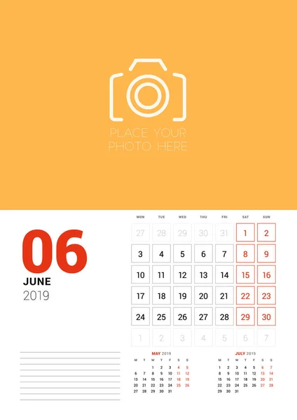 Wall Calendar Planner Template June 2019 Week Starts Monday Vector — Stock Vector