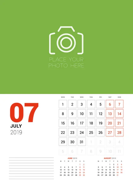 Wall Calendar Planner Template July 2019 Week Starts Monday Vector — Stock Vector