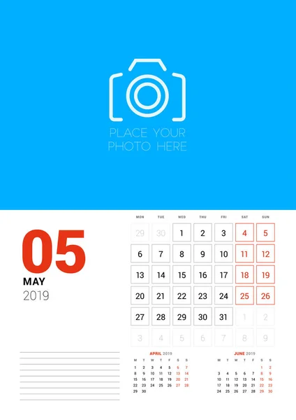 Шаблон Планировщика Календаря Май 2019 Года Неделя Начинается Понедельник Векторная — стоковый вектор