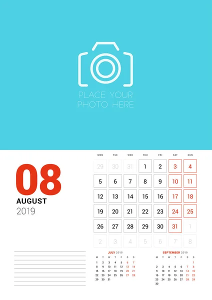 Wall Calendar Planner Template August 2019 Week Starts Monday Vector — Stock Vector