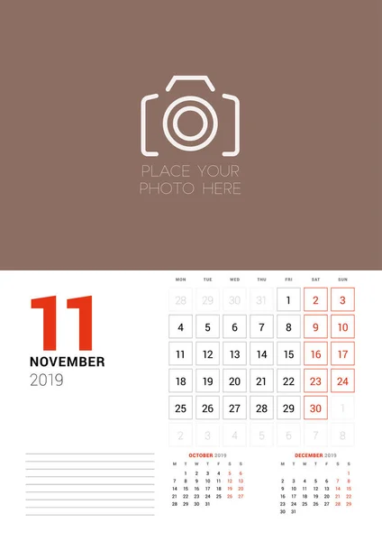 Πρότυπο Planner Ημερολογίου Τοίχου Για Νοέμβριο 2019 Εβδομάδα Ξεκινά Δευτέρα — Διανυσματικό Αρχείο