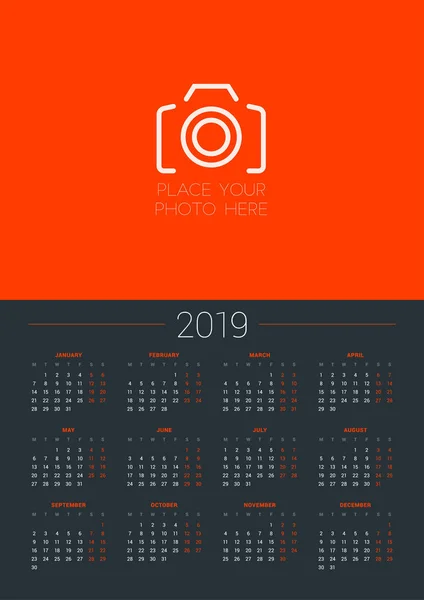 Wall Calendar Template 2019 Year Week Starts Monday Vector Illustration — Stock Vector