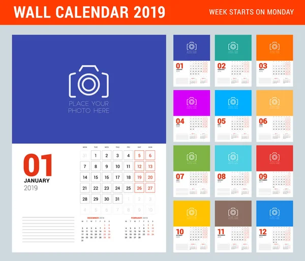 Wandkalender Planer Vorlage Für Das Jahr 2019 Satz Von Monaten — Stockvektor