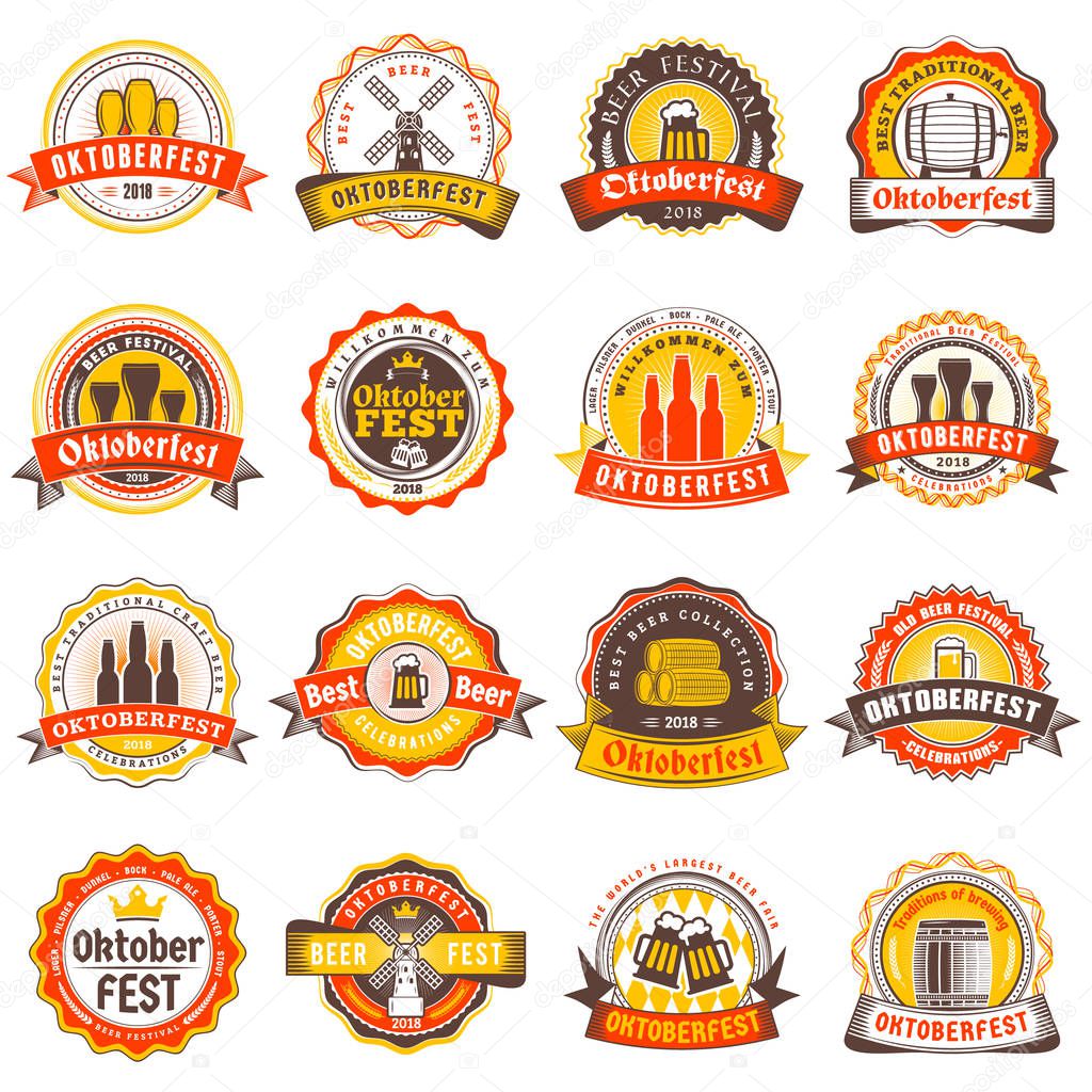 Beer festival Oktoberfest celebrations. Set of retro vintage beer badges, labels, logos for bar, pub, beer party. Vector design elements