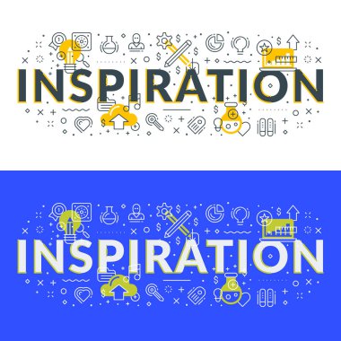 İlham. Düz hat illüstrasyon kavramı web afiş ve basılı malzemeler için. 2 farklı tarzlarda vektör çizim. Beyaz ve mavi arka plan