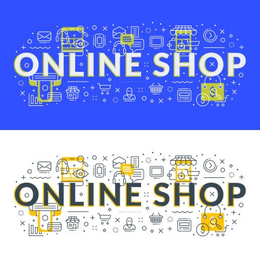 Online alışveriş. Düz hat illüstrasyon kavramı web afiş ve basılı malzemeler için. 2 farklı tarzlarda vektör çizim. Beyaz ve mavi arka plan