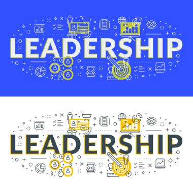 Liderlik. Düz hat illüstrasyon kavramı web afiş ve basılı malzemeler için. 2 farklı tarzlarda vektör çizim. Beyaz ve mavi arka plan