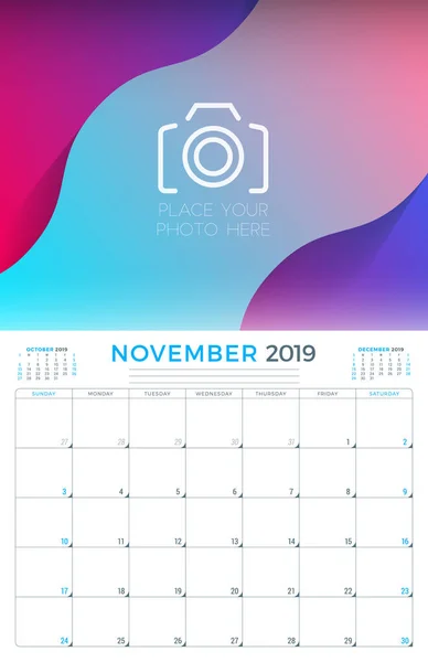 Noviembre 2019 Plantilla Diseño Papelería Planificador Calendario Con Lugar Para — Vector de stock