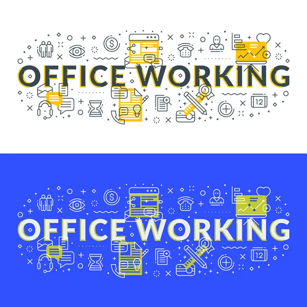オフィスの作業 Web バナー 印刷物の平らな線図概念 つの異なるスタイルのベクトル図 白と青の背景 — ストックベクタ