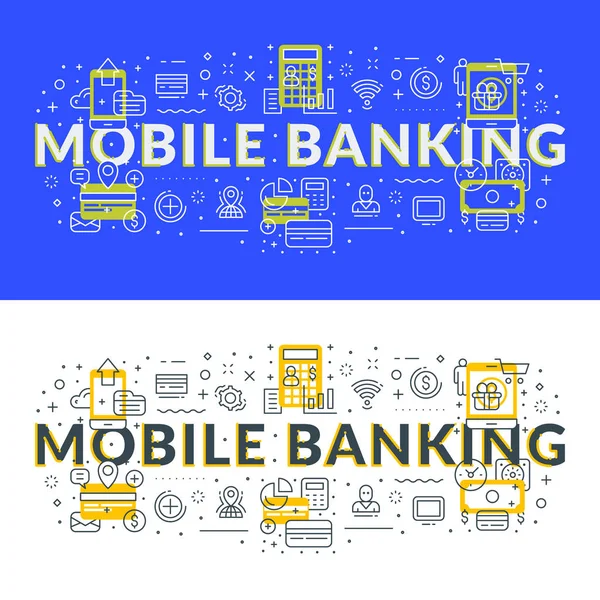 Mobiel Bankieren Platte Lijn Illustratie Concept Voor Webbanner Drukwerk Vectorillustratie — Stockvector