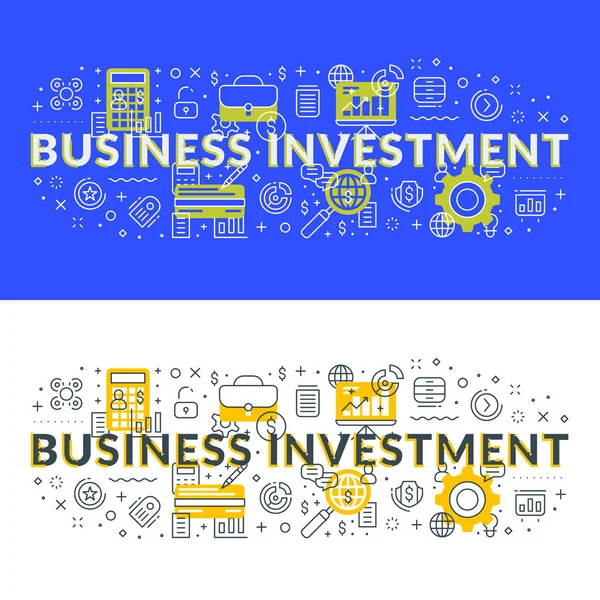 事業投資 Web バナー 印刷物の平らな線図概念 つの異なるスタイルのベクトル図 白と青の背景 — ストックベクタ