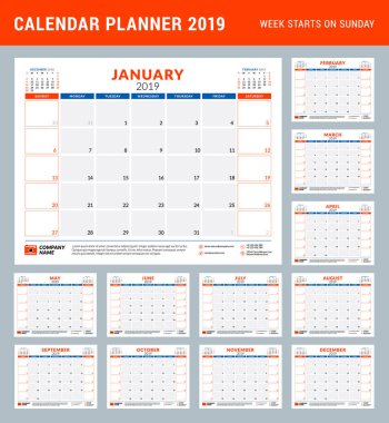 2019 yıl için Takvim Planlayıcısı ileti örneği tasarım şablonu. Vektör çizim. Hafta Pazar günü başlar