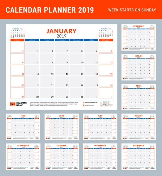 stock vector Calendar planner stationery design template for 2019 year. Vector illustration. Week starts on Sunday