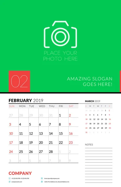 Wall Calendar Planner Template February 2019 Week Starts Sunday Vector — Stock Vector