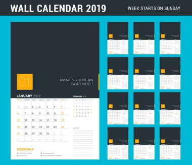 Duvar takvimi planlayıcısı şablonunu 2019 yıl için. 12 ay kümesi. Hafta Pazar günü başlar. Vektör çizim