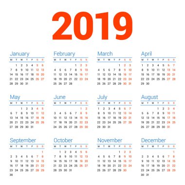 Beyaz arka plan üzerinde 2019 yıl için takvim. Hafta Pazartesi günü başlar. 3 satır 4 sütun. Basit takvim vektör tasarım öğesi afiş, el ilanı, planlayıcısı, kart için. İleti örneği tasarım şablonu