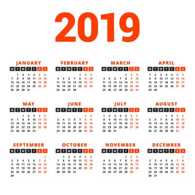 Beyaz arka plan üzerinde 2019 yıl için takvim. Hafta Pazartesi günü başlar. 3 satır 4 sütun. Basit takvim vektör tasarım öğesi afiş, el ilanı, planlayıcısı, kart için. İleti örneği tasarım şablonu