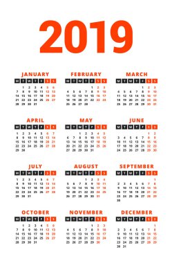 Beyaz arka plan üzerinde 2019 yıl için takvim. Hafta Pazartesi günü başlar. 3 sütun, 4 satır. Basit takvim vektör tasarım öğesi afiş, el ilanı, planlayıcısı, kart için. İleti örneği tasarım şablonu