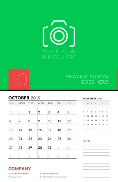 Τοίχο Ημερολόγιο Planner Πρότυπο Για Οκτωβρίου 2019 Εβδομάδα Ξεκινά Την — Διανυσματικό Αρχείο