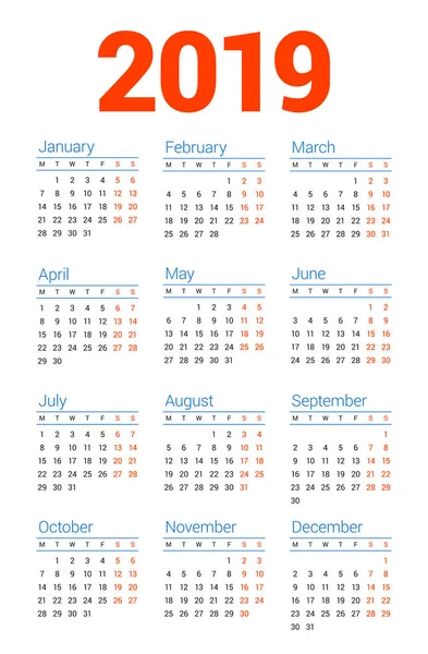 Calendario 2019 Año Sobre Fondo Blanco Semana Comienza Lunes Columnas — Archivo Imágenes Vectoriales