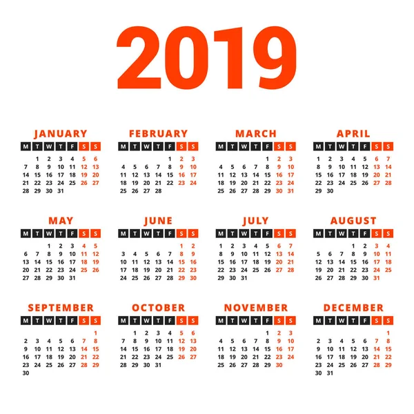 Calendario 2019 Año Sobre Fondo Blanco Semana Comienza Lunes Columnas — Vector de stock
