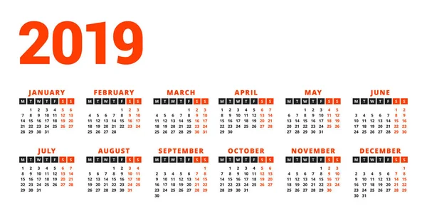 Kalendář Rok 2019 Bílém Pozadí Týden Začíná Pondělí Sloupců Řádky — Stockový vektor
