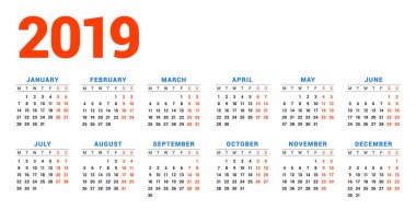 Beyaz arka plan üzerinde 2019 yıl için takvim. Hafta Pazartesi günü başlar. 6 sütunlar, 2 satır. Basit takvim vektör tasarım öğesi afiş, el ilanı, planlayıcısı, kart için. İleti örneği tasarım şablonu