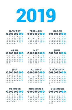 Beyaz arka plan üzerinde 2019 yıl için takvim. Hafta Pazartesi günü başlar. 3 sütun, 4 satır. Basit takvim vektör tasarım öğesi afiş, el ilanı, planlayıcısı, kart için. İleti örneği tasarım şablonu