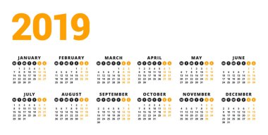 Beyaz arka plan üzerinde 2019 yıl için takvim. Hafta Pazartesi günü başlar. 6 sütunlar, 2 satır. Basit takvim vektör tasarım öğesi afiş, el ilanı, planlayıcısı, kart için. İleti örneği tasarım şablonu