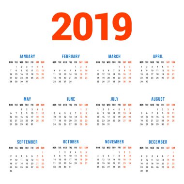 Beyaz arka plan üzerinde 2019 yıl için takvim. Hafta Pazartesi günü başlar. 3 satır 4 sütun. Basit takvim vektör tasarım öğesi afiş, el ilanı, planlayıcısı, kart için. İleti örneği tasarım şablonu