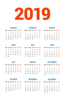 Beyaz arka plan üzerinde 2019 yıl için takvim. Hafta Pazartesi günü başlar. 3 sütun, 4 satır. Basit takvim vektör tasarım öğesi afiş, el ilanı, planlayıcısı, kart için. İleti örneği tasarım şablonu