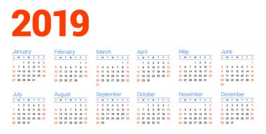 Beyaz arka plan üzerinde 2019 yıl için takvim. Hafta Pazar günü başlar. 6 sütunlar, 2 satır. Basit takvim vektör tasarım öğesi afiş, el ilanı, planlayıcısı, kart için. İleti örneği tasarım şablonu