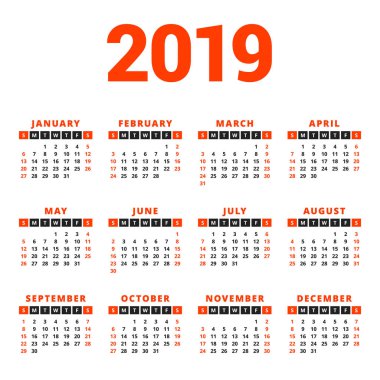 Beyaz arka plan üzerinde 2019 yıl için takvim. Hafta Pazar günü başlar. 3 satır 4 sütun. Basit takvim vektör tasarım öğesi afiş, el ilanı, planlayıcısı, kart için. İleti örneği tasarım şablonu