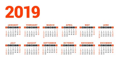 Beyaz arka plan üzerinde 2019 yıl için takvim. Hafta Pazar günü başlar. 6 sütunlar, 2 satır. Basit takvim vektör tasarım öğesi afiş, el ilanı, planlayıcısı, kart için. İleti örneği tasarım şablonu