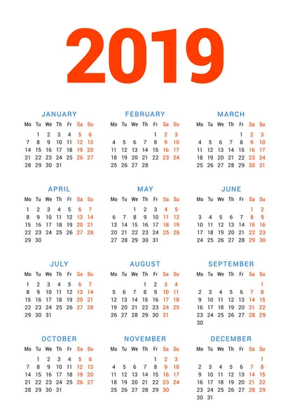 Kalendář Rok 2019 Bílém Pozadí Týden Začíná Pondělí Sloupce Řádky — Stockový vektor