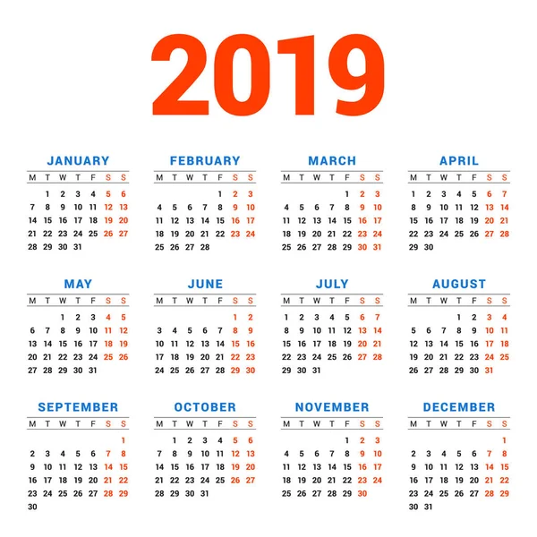 Beyaz arka plan üzerinde 2019 yıl için takvim. Hafta Pazartesi günü başlar. 3 satır 4 sütun. Basit takvim vektör tasarım öğesi afiş, el ilanı, planlayıcısı, kart için. İleti örneği tasarım şablonu