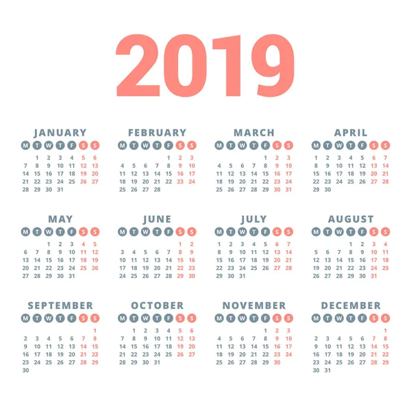 Calendario 2019 Año Sobre Fondo Blanco Semana Comienza Lunes Columnas — Vector de stock