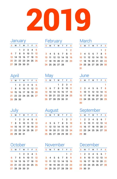 Calendario 2019 Año Sobre Fondo Blanco Semana Comienza Domingo Columnas — Archivo Imágenes Vectoriales