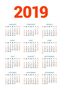 Beyaz arka plan üzerinde 2019 yıl için takvim. Hafta Pazar günü başlar. 3 sütun, 4 satır. Basit takvim vektör tasarım öğesi afiş, el ilanı, planlayıcısı, kart için. İleti örneği tasarım şablonu