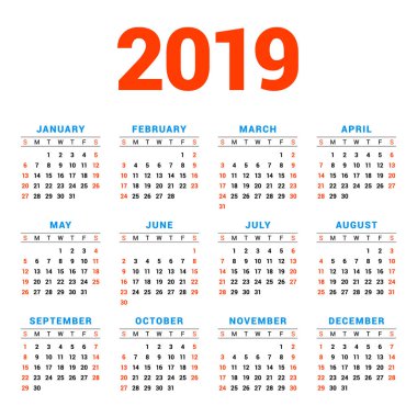 Beyaz arka plan üzerinde 2019 yıl için takvim. Hafta Pazar günü başlar. 3 satır 4 sütun. Basit takvim vektör tasarım öğesi afiş, el ilanı, planlayıcısı, kart için. İleti örneği tasarım şablonu