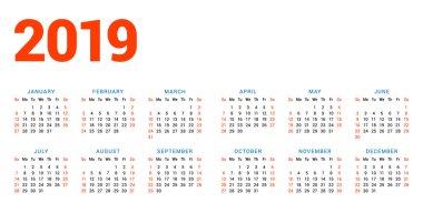 Beyaz arka plan üzerinde 2019 yıl için takvim. Hafta Pazar günü başlar. 6 sütunlar, 2 satır. Basit takvim vektör tasarım öğesi afiş, el ilanı, planlayıcısı, kart için. İleti örneği tasarım şablonu