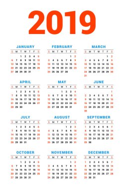 Beyaz arka plan üzerinde 2019 yıl için takvim. Hafta Pazar günü başlar. 3 sütun, 4 satır. Basit takvim vektör tasarım öğesi afiş, el ilanı, planlayıcısı, kart için. İleti örneği tasarım şablonu