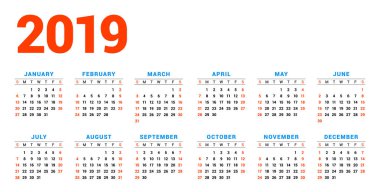 Beyaz arka plan üzerinde 2019 yıl için takvim. Hafta Pazar günü başlar. 6 sütunlar, 2 satır. Basit takvim vektör tasarım öğesi afiş, el ilanı, planlayıcısı, kart için. İleti örneği tasarım şablonu