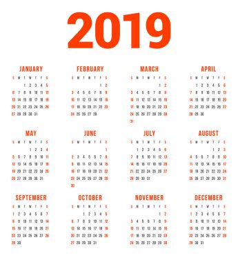 Beyaz arka plan üzerinde 2019 yıl için takvim. Hafta Pazar günü başlar. 3 satır 4 sütun. Basit takvim vektör tasarım öğesi afiş, el ilanı, planlayıcısı, kart için. İleti örneği tasarım şablonu