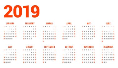 Beyaz arka plan üzerinde 2019 yıl için takvim. Hafta Pazar günü başlar. 6 sütunlar, 2 satır. Basit takvim vektör tasarım öğesi afiş, el ilanı, planlayıcısı, kart için. İleti örneği tasarım şablonu