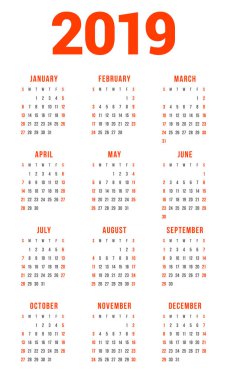 Beyaz arka plan üzerinde 2019 yıl için takvim. Hafta Pazar günü başlar. 3 sütun, 4 satır. Basit takvim vektör tasarım öğesi afiş, el ilanı, planlayıcısı, kart için. İleti örneği tasarım şablonu